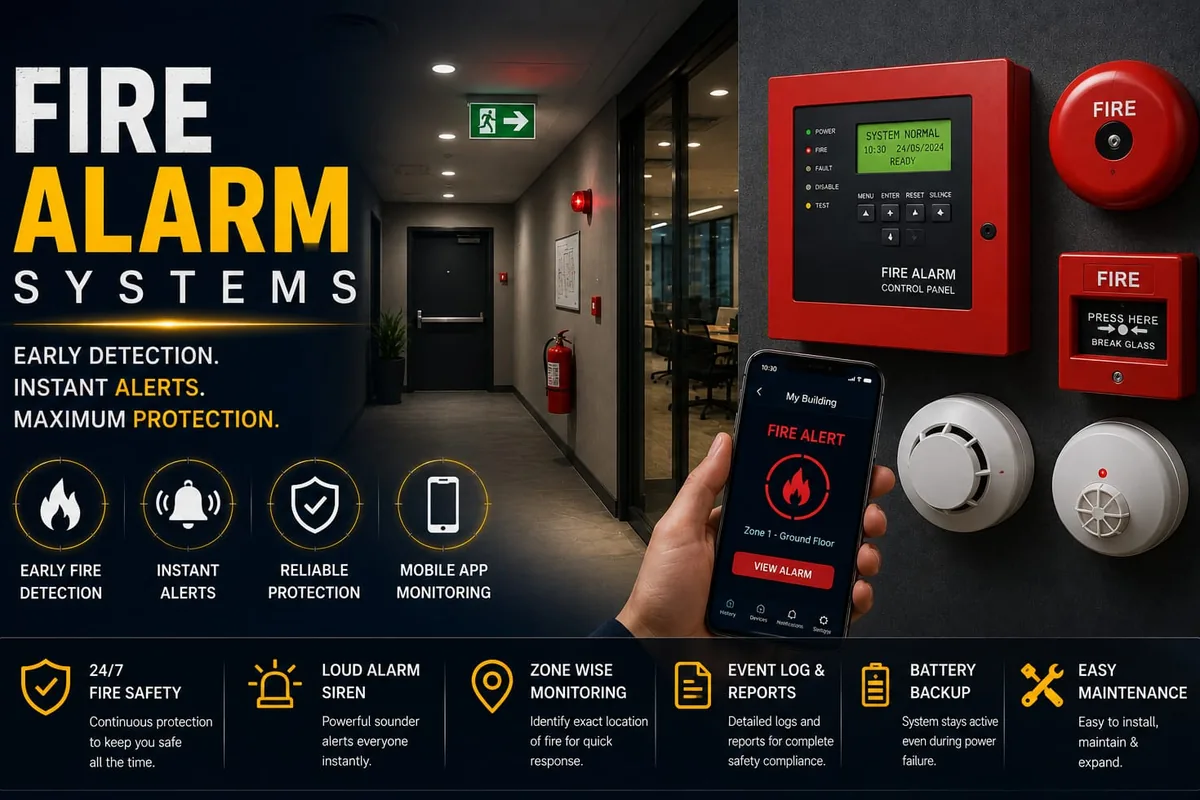 SS SecurSys fire alarm system — control panel, detectors, hooter and call point